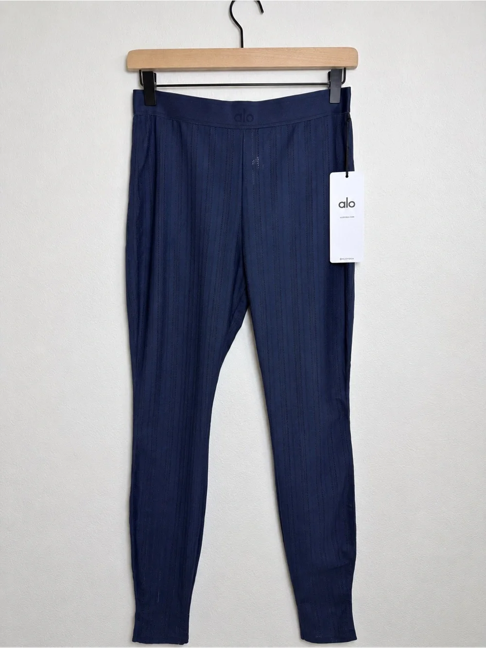 ALO Yoga Navy High Waist Euphoria Pointelle Semi Sheer Leggings Size Large NWT